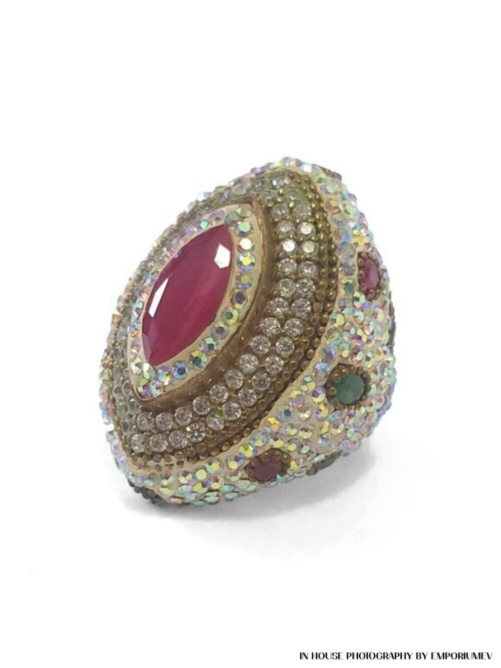 Yellow Bronze Women's Ring with Ruby Gemstone and Crystal Accents (0072)